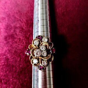 Vintage Floral 14K Gold Ring with Diamonds & Rubies  - 50% Discount